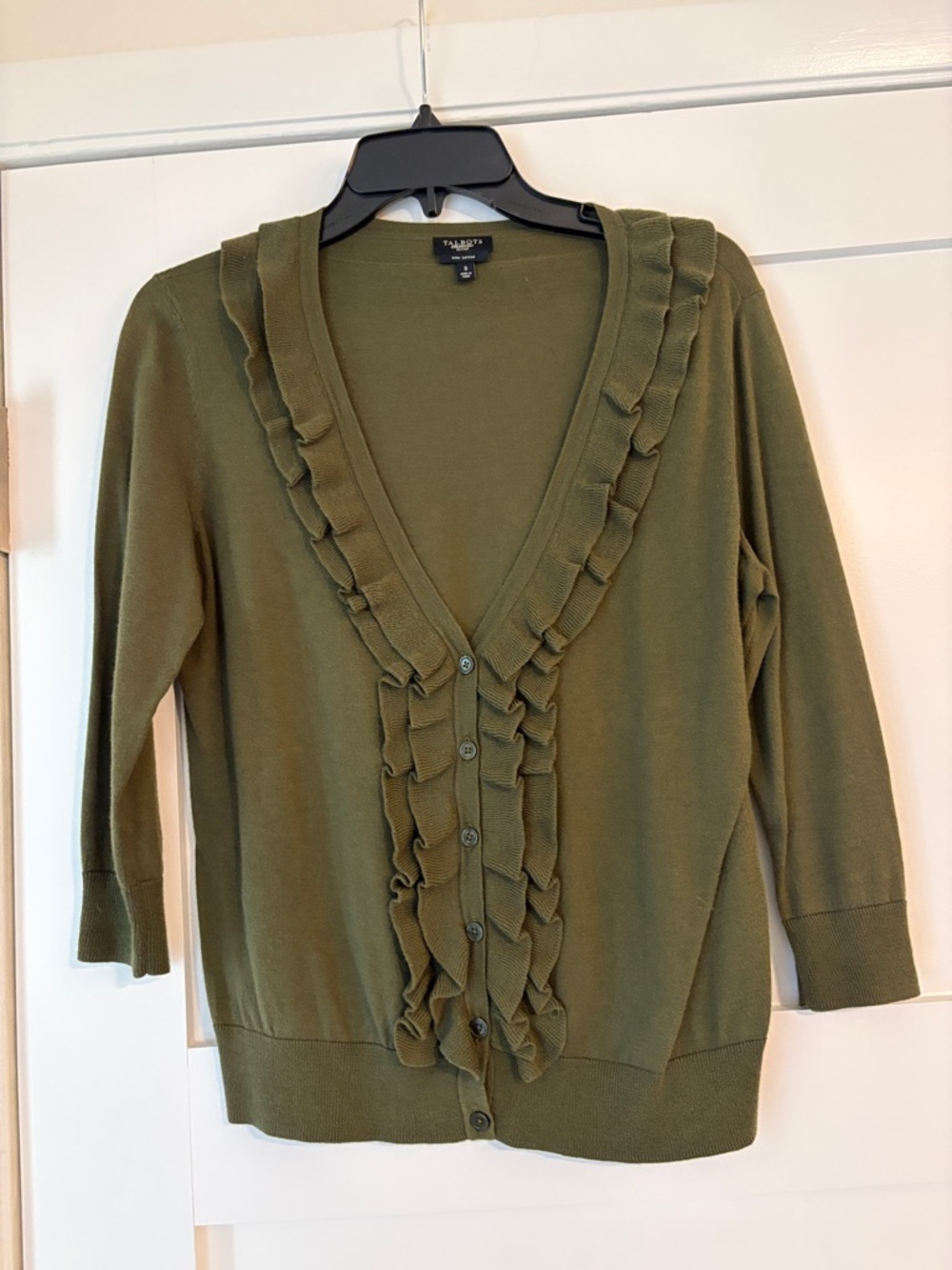 TALBOTS Olive Ruffle-Trim Cardigan